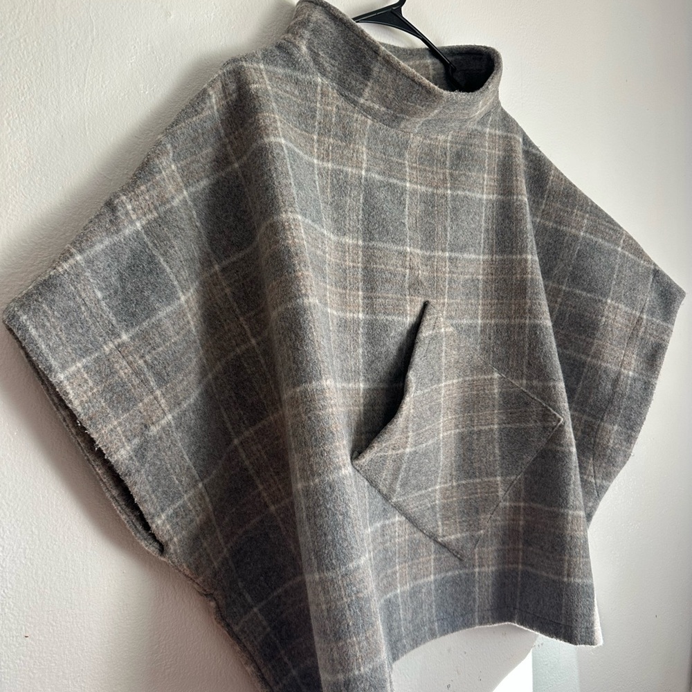 Cost Plus World Market Gray and Tan Plaid Poncho